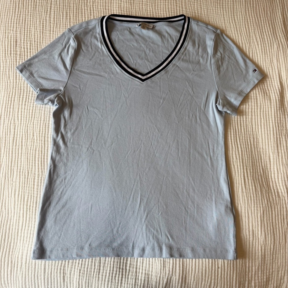Tommy Hilfiger Womens Light Blue V-Neck Top Striped Logo Collar (XL) 100% Cotton